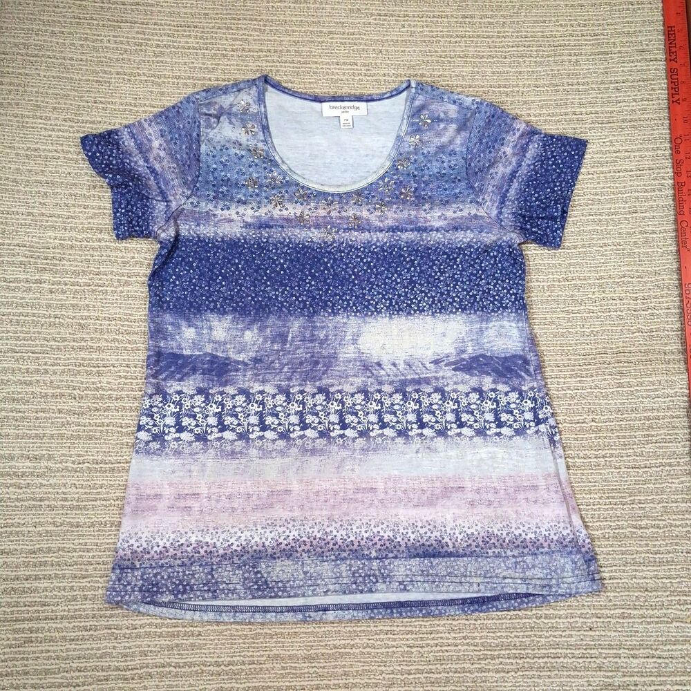 BRECKENRIDGE SHIRT WOMENS PM PETITE MED BLUE FLORAL EMBELLISHED TOP S/S BLOUSE